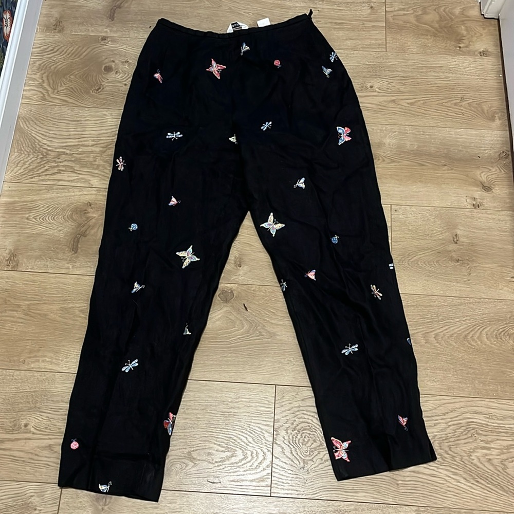 Talbots Black Irish Linen Embroidered Butterfly Pant Size 8